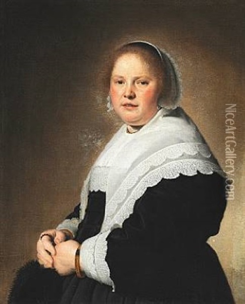 Portrait Of An Elegant Woman In A Black Dress With A White Lace Collar Oil Painting - Johannes Cornelisz Verspronck