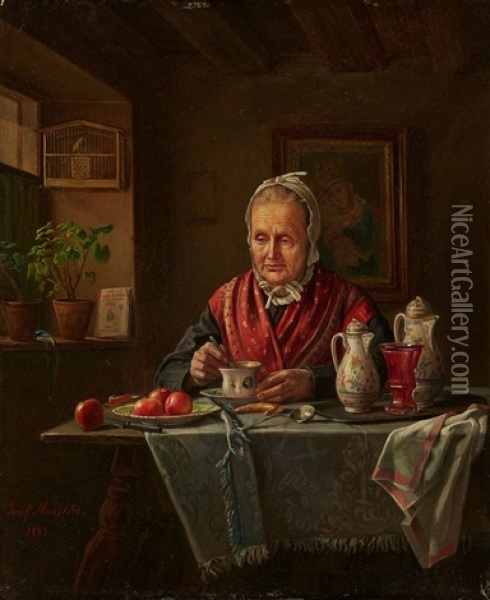Bei Kaffee Und Kipferl Oil Painting - Josef Mansfeld