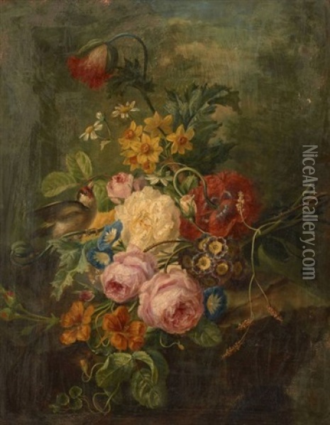 Jete De Fleurs Et Chardonneret Oil Painting - Moise Jacobber