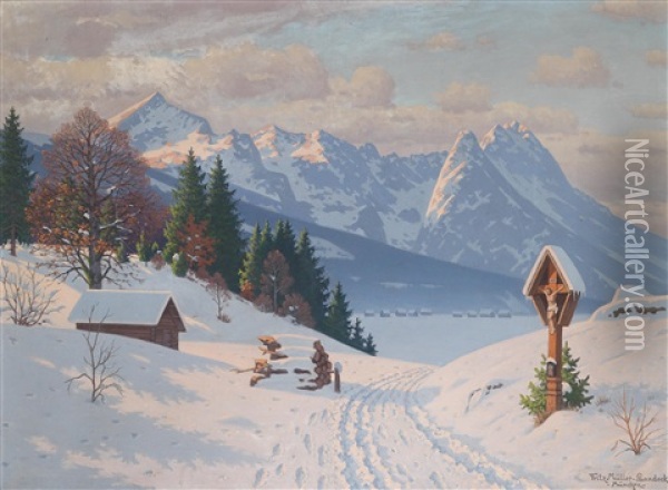 Sonniger Wintertag Oil Painting - Fritz Mueller-Landeck