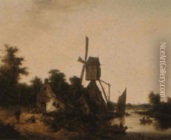 Landscape With A Windmill Beside A River, With Figures Boating Oil Painting - Salomon Rombouts