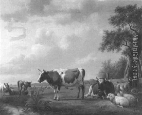 Landschaft Mit Stehenden Und Lagernden Kuhen, Daneben Ziege Und Schafe Oil Painting - Jan Van Ravenswaay