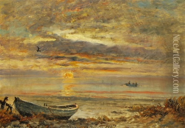 Sunset On A January Day In Skagen Oil Painting - Holger Henrik Herholdt Drachmann