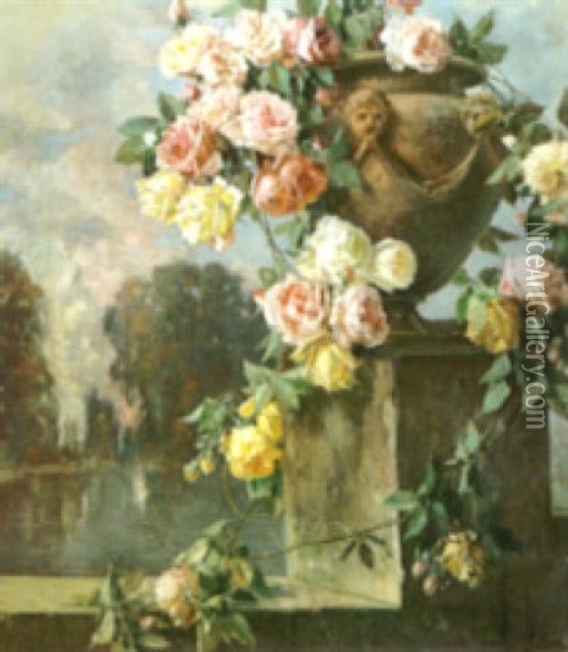 A Still Life With Roses In An Urn Overlooking A Lake Oil Painting - Licinio Barzanti
