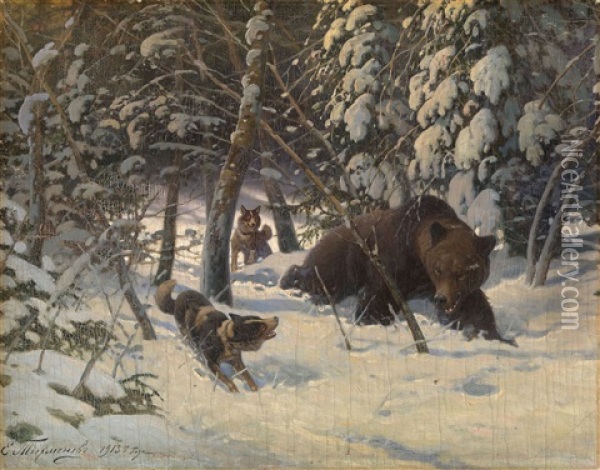 Bear Hunt Oil Painting - Efim A. Tikhmenev