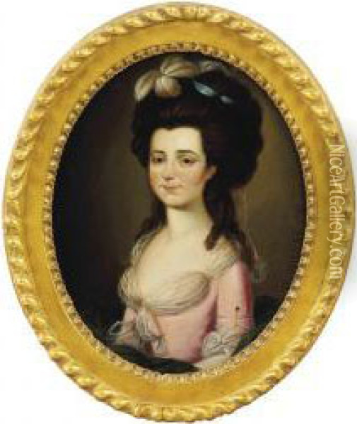 Portrait Of A Young Lady, Small-bust-length, In A Pink Silk Dressand Green Wrap Oil Painting - William Shuter