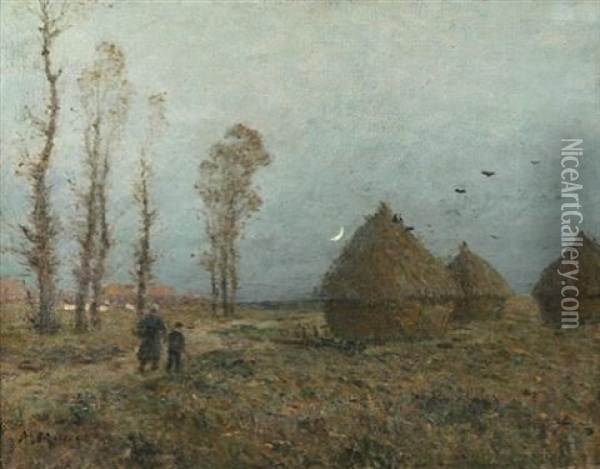 Haystacks At Sunset Oil Painting - Maurice Moisset