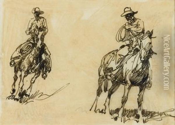 Two Cowboys On Horseback Oil Painting - John Edward Borein