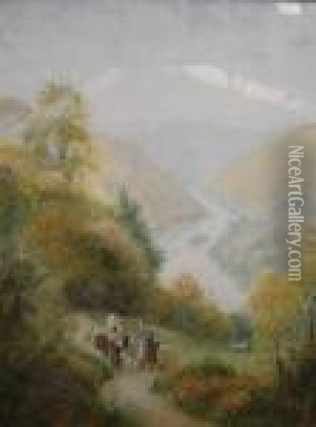 Figures On A Country Path With Woodland And A Riverbeyond Oil Painting - Harry Sutton Palmer