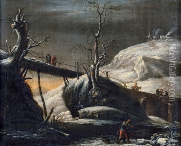 Winterlandschaft Mit Holzsteg Uber Einem Fluss Oil Painting - Francesco Foschi