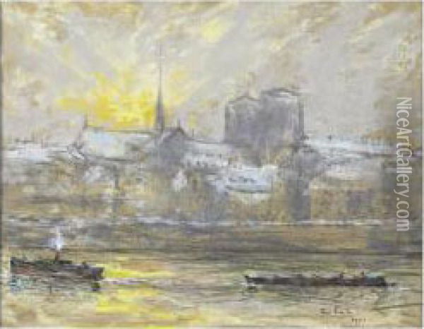 [siebe Johannes Ten Cate; Notre 
Dame De Paris In Winter; Pastel Signed And Dated 1901; Stamped With The 
Artist's Studio Stamp On The Reverse] Oil Painting - Siebe Johannes ten Cate