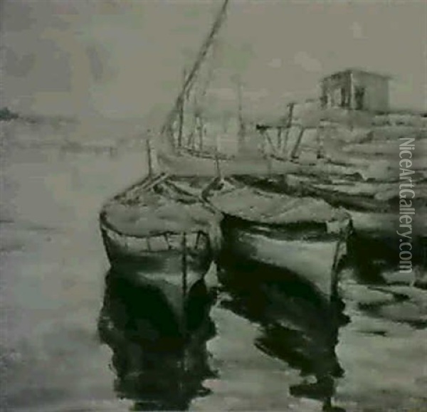 Docked Boats, Gloucester Harbor Oil Painting - Bertha Eversfield Perrie