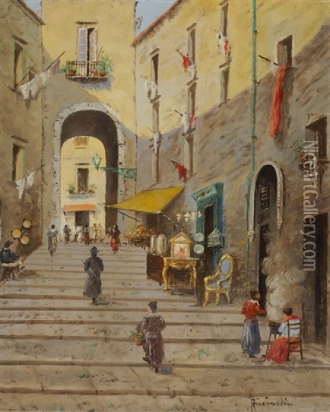 Belebte Treppe Vor Torbogen In Suditalienischer Stadt Oil Painting - Oscar Ricciardi