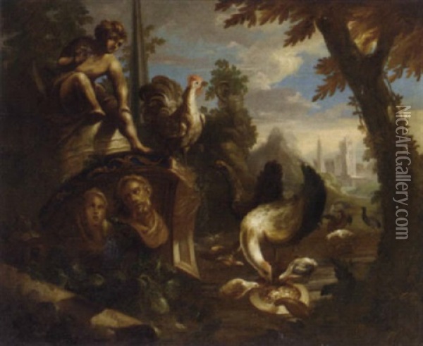 Poultry And Other Birds Feeding Amongst Classical Ruins Oil Painting - Nicola Casissa