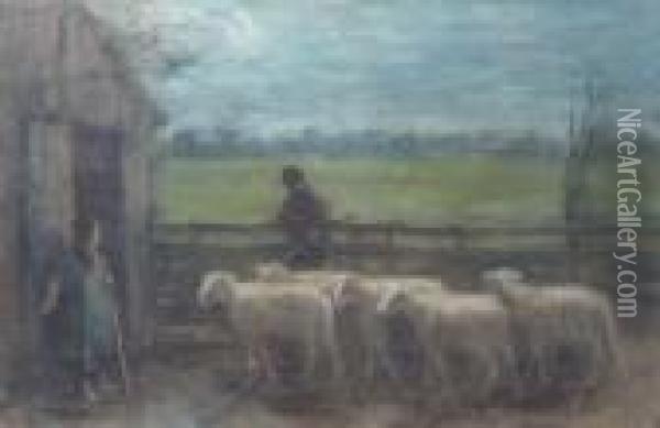 Het Binnendrijven Der Schapen: Guiding The Flock Home Oil Painting - Jozef Israels