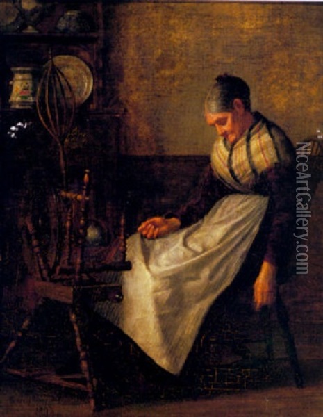 Asleep At The Spinning Wheel Oil Painting - Enoch Wood Perry