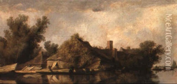 A River Landscape With Peasants Ferrying Cattle And Buildings On A Bank Oil Painting - Salomon van Ruysdael