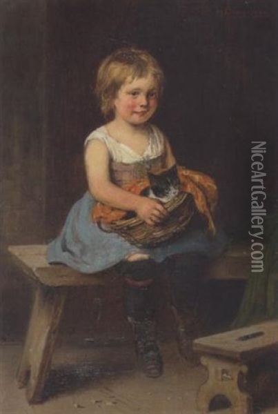 Kleines Madchen Mit Katze Auf Der Bank Sitzend Oil Painting - Hugo Oehmichen