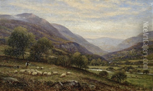 A Shepherd And His Flock In A Mountain Valley Oil Painting - Alfred Augustus Glendening Sr.