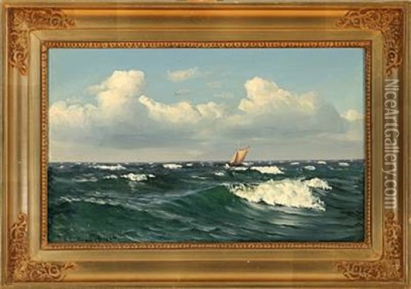Marine With A Small Sailing Ship On Open Sea Oil Painting - Johannes Herman Brandt