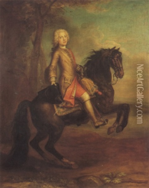 Equestrian Portrait Of A Gentleman, Probably Mr. Glover,    Dancing Master In London Oil Painting - Martin Maingaud