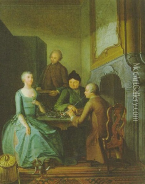 Eine Dame Gustiert Ein Glas Likor In Gesellschaft Dreier Herren Oil Painting - Nicolaes Reyers
