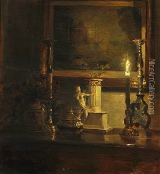 Evening Interior With A Candle Illuminating An Etching On The Wall Oil Painting - Carl Vilhelm Holsoe