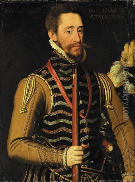 Portrait Of Philip Iii Von Croy, Duke Of Aarschot In A Black Embroidered Doublet And A White Ruff, Wearing The Order Of The Golden Fleece Oil Painting - Antonis Mor Van Dashorst