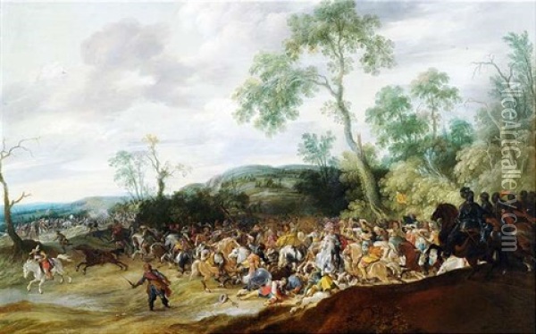 Schlachtengetummel In Weiter Hugeliger Landschaft Oil Painting - Pauwels van Hillegaert