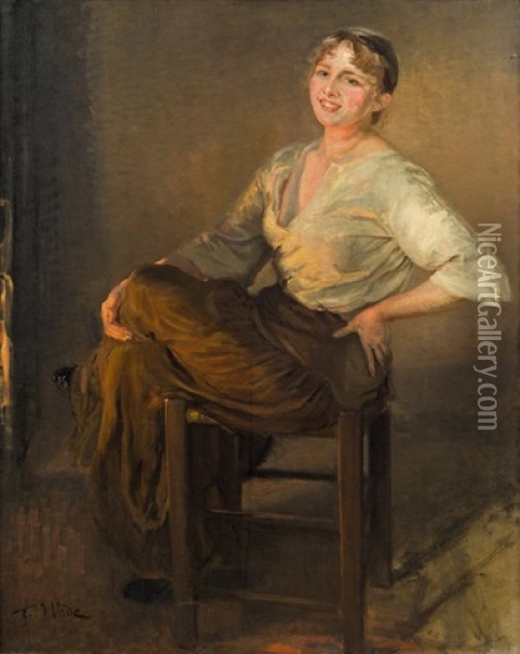 Laughing Girl (on The Hearth Fire) Oil Painting - Fritz von Uhde