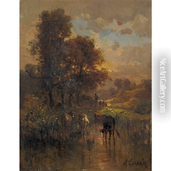 Uferpartie Im Abendrot Mit Kuhherde Oil Painting - Antonio Cortes Cordero