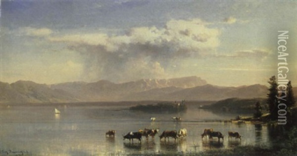 Blick Uber Den Starnberger See Auf Die Roseninsel Und Die Zugspitze Oil Painting - Fritz Bamberger