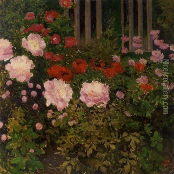 Bluhende Blumen Am Gartenzaun Oil Painting - Koloman (Kolo) Moser