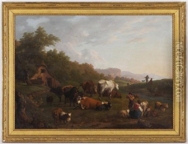 Paysans Avec Leurs Troupeaux Oil Painting - Louis-Samuel Carrard