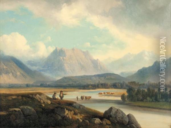 Troupeau Dans Un Gue Au Pied Des Montagnes Oil Painting - Nicolas Victor Fonville