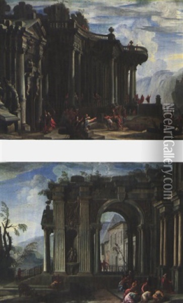 Capriccio Architettonico (+ Capriccio Architettonico; Pair) Oil Painting - Giovanni Ghisolfi