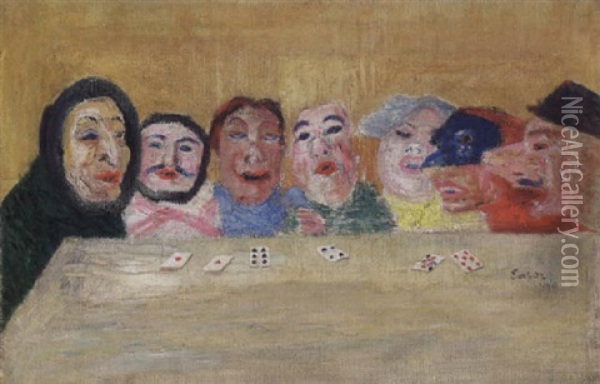 Masques Regardant Des Cartes Oil Painting - James Ensor