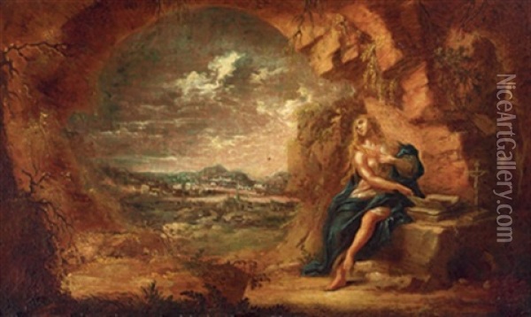 Die Busende Magdalena In Einer Felsgrotte, La Maddalena Penitente In Un Paesaggio Oil Painting - Marco Ricci