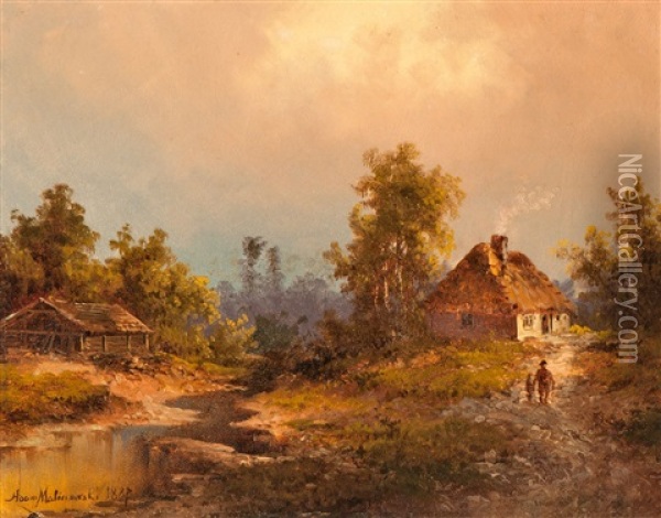 Russisches Bauernhaus Am Bach (russian Farmhouse At A Stream) Oil Painting - Viktor Adam Malinovsky