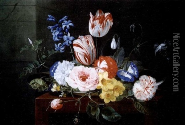 Assiette De Fleurs Posee Sur Un Entablement Oil Painting - Jan van den Hecke the Elder