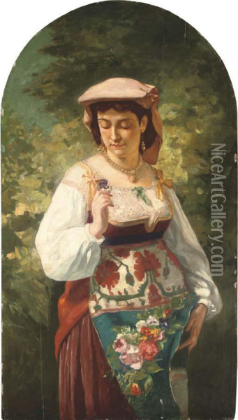 An Italian Beauty Holding A Flower Oil Painting - Alexander Drevin