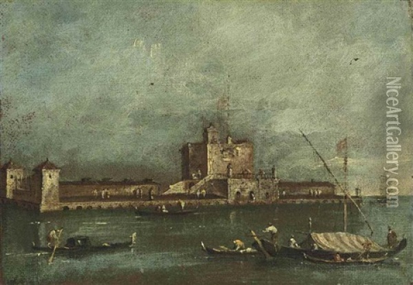 View Of The Fort Of S. Andrea, Venice, With Gondolas In The Foreground Oil Painting - Giacomo Guardi