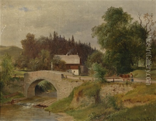 Bauernhaus An Der Steinbruck Oil Painting - Ludwig Georg Eduard Halauska