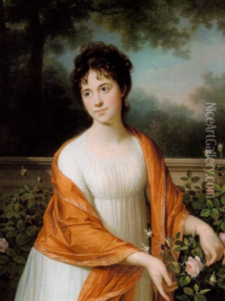 Portraet Af Charlotte Bartholin Eichel I En Rosehave Oil Painting - Jens Juel