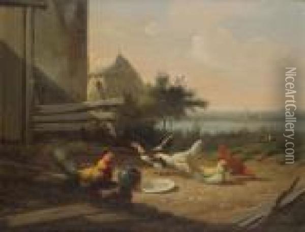 Yard With Chickens, Haystack And City Across The Stream Oil Painting - Jef Louis Van Leemputten