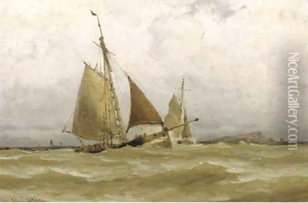 In full sail by a coastline Oil Painting - Jacob Huijbrecht Hollestelle