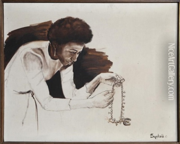 Woman Fixing Necklace Oil Painting - Tom Campbell