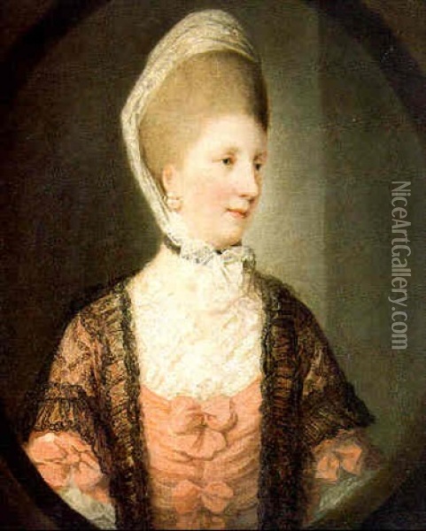 Portrait Of A Lady In Lace Bonnet And Pink Dress Oil Painting - Francis Cotes