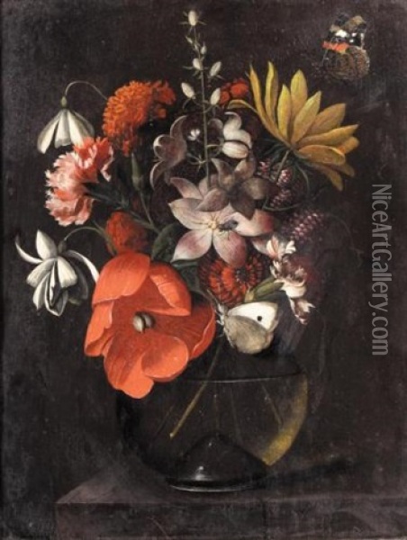 Still Life With Various Flowers In A Glass Vase On A Ledge Oil Painting - Martinus Nellius