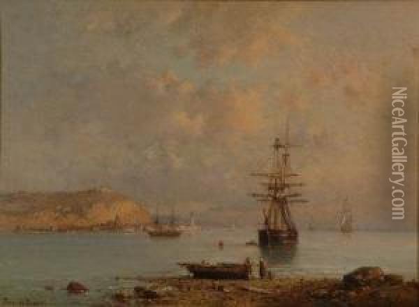 Shipping Becalmed Off A Continental Harbour Oil Painting - Tony Francis De Bergue